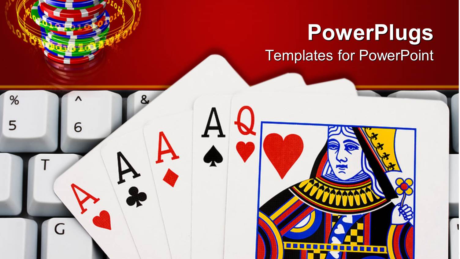 Queen of Hearts and Four Aces Lying on Computer Keyboard in Front of Stack of Casino Chips, Online Gambling