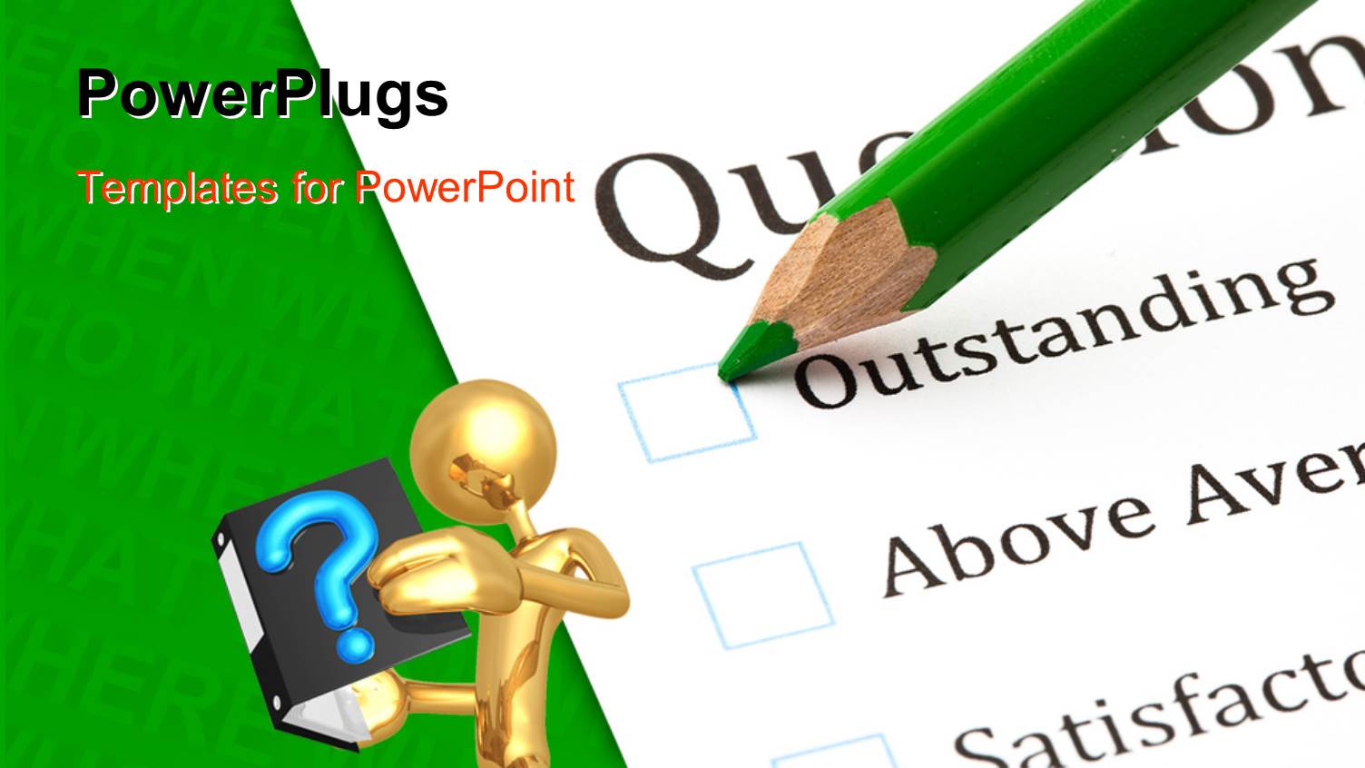 Questionnaire Check Boxes with Green Crayon Close-up and Human Character Reading a Book, Green Color