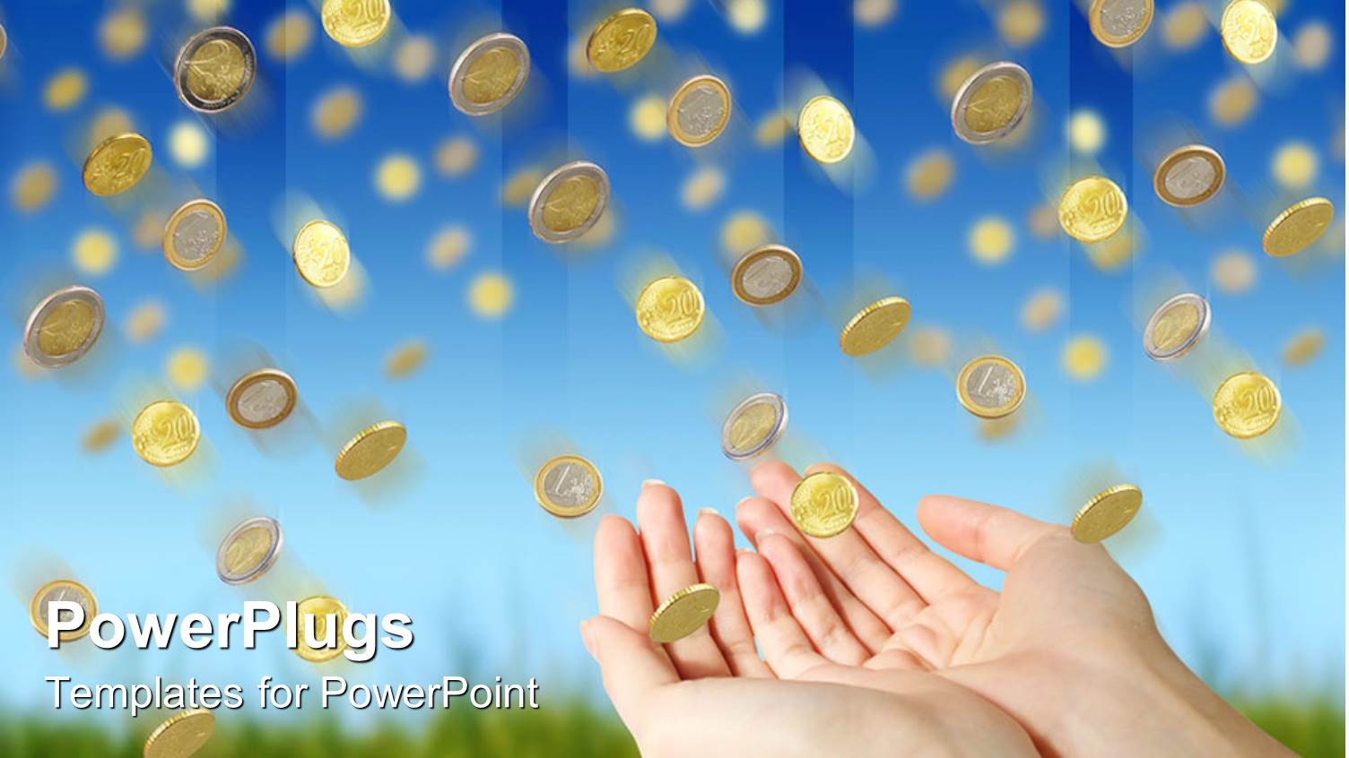 Rain of Golden Coin Falling Down from Blue Sky