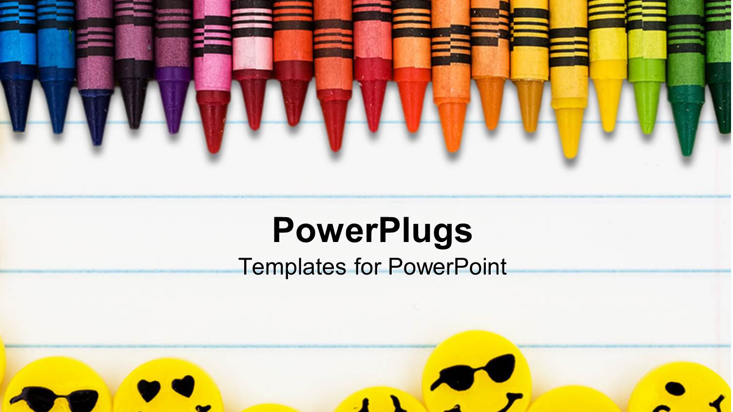 Rainbow Color Crayons and Yellow Erasers with Faces on Lined Paper Background