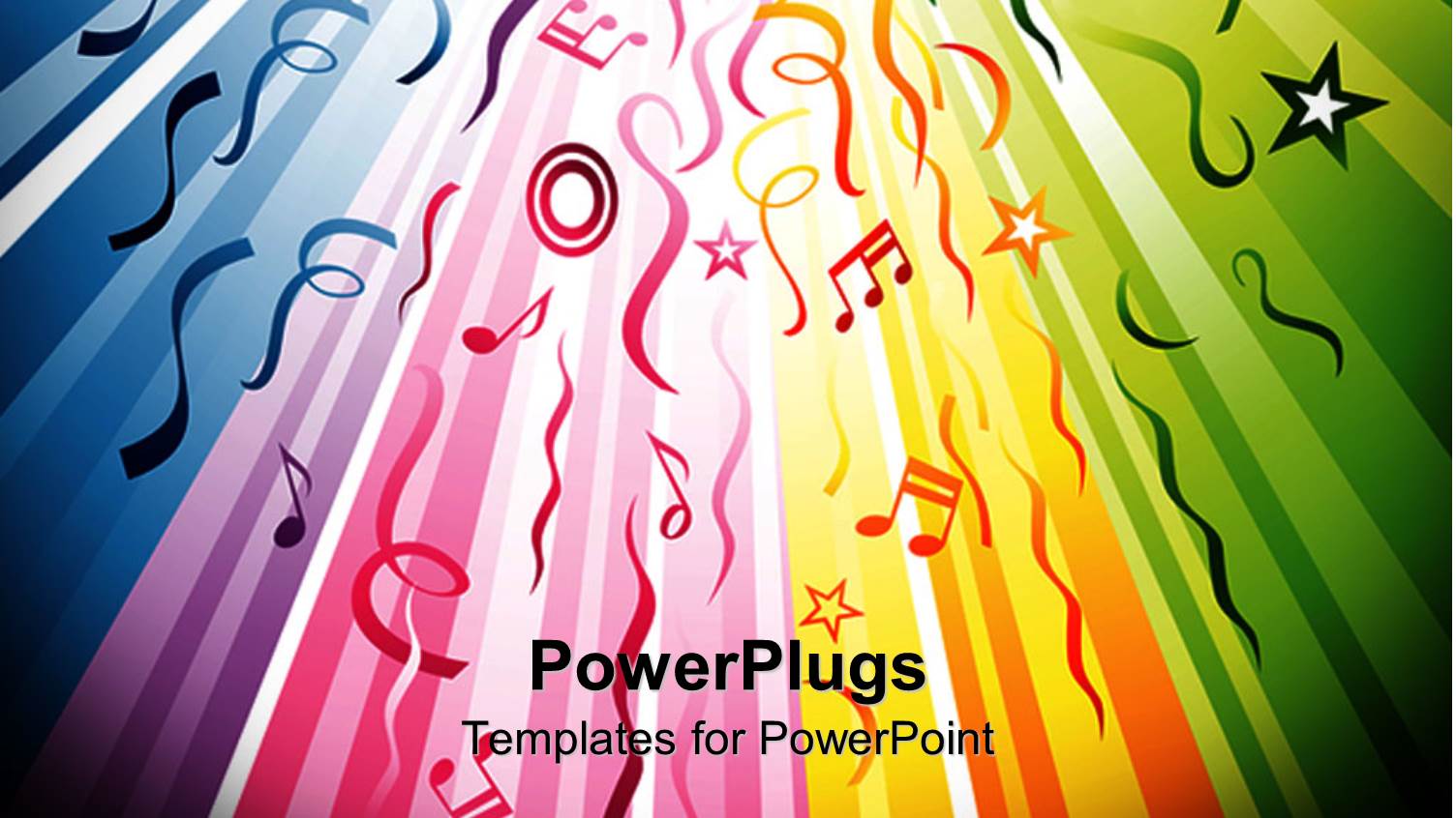 Rainbow Colored Lines Flowing from the Back to the Front with Colorful Music Notes and Stars, Ribbons and Streamers