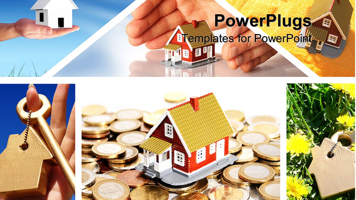 Real Estate Collage with Houses, Keys, Hand, Coins, First Home