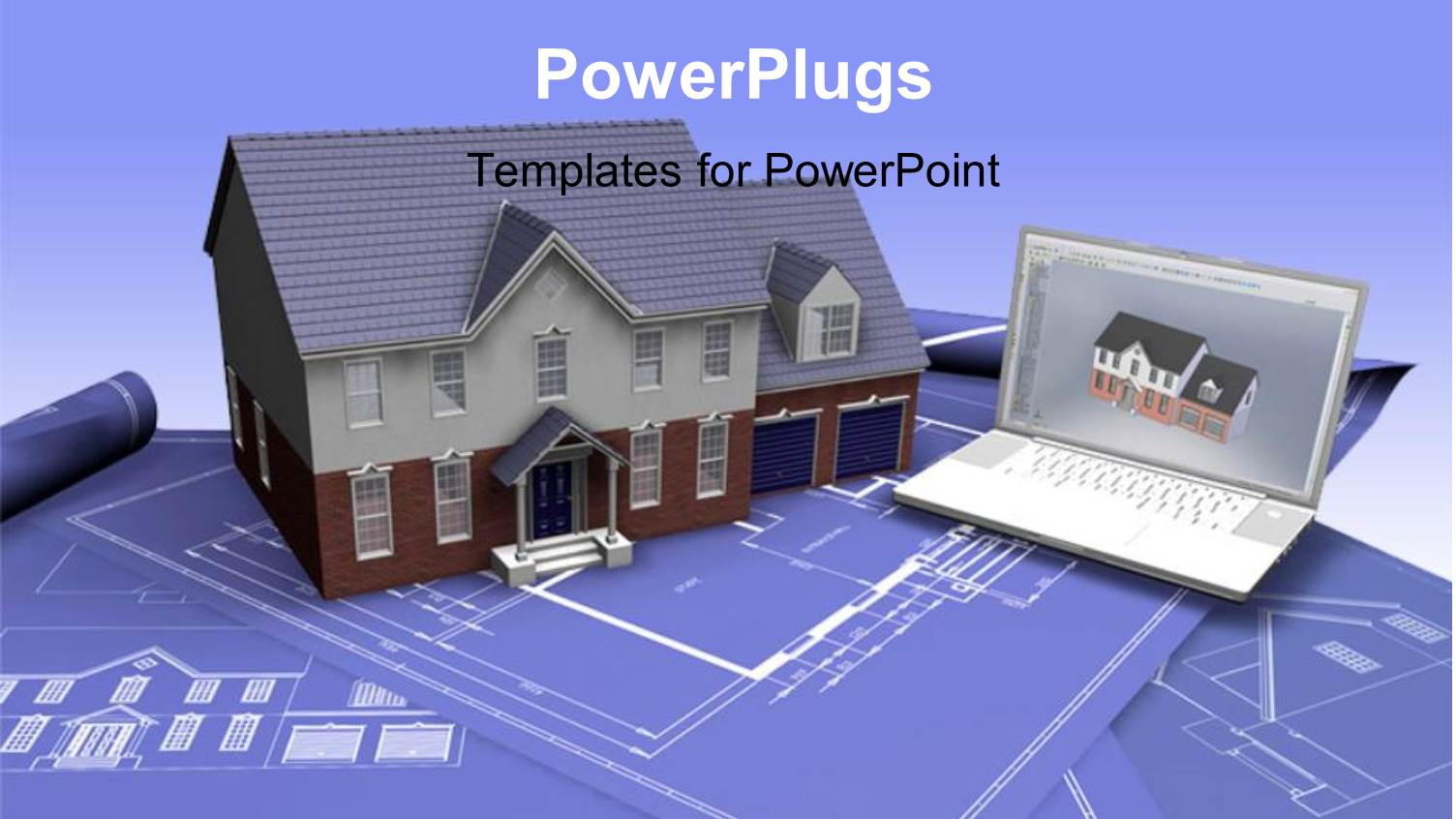 Real Estate Concept with Blueprint and House Model and Laptop, Blue Color