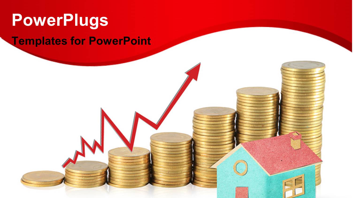 Real Estate Concept with Stack of Coins and Red Arrow Pointing Upwards and a House Model with White Color