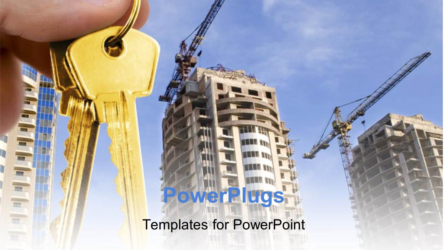 Real Estate Depiction with Hand Holding Gold Key Over Construction Site