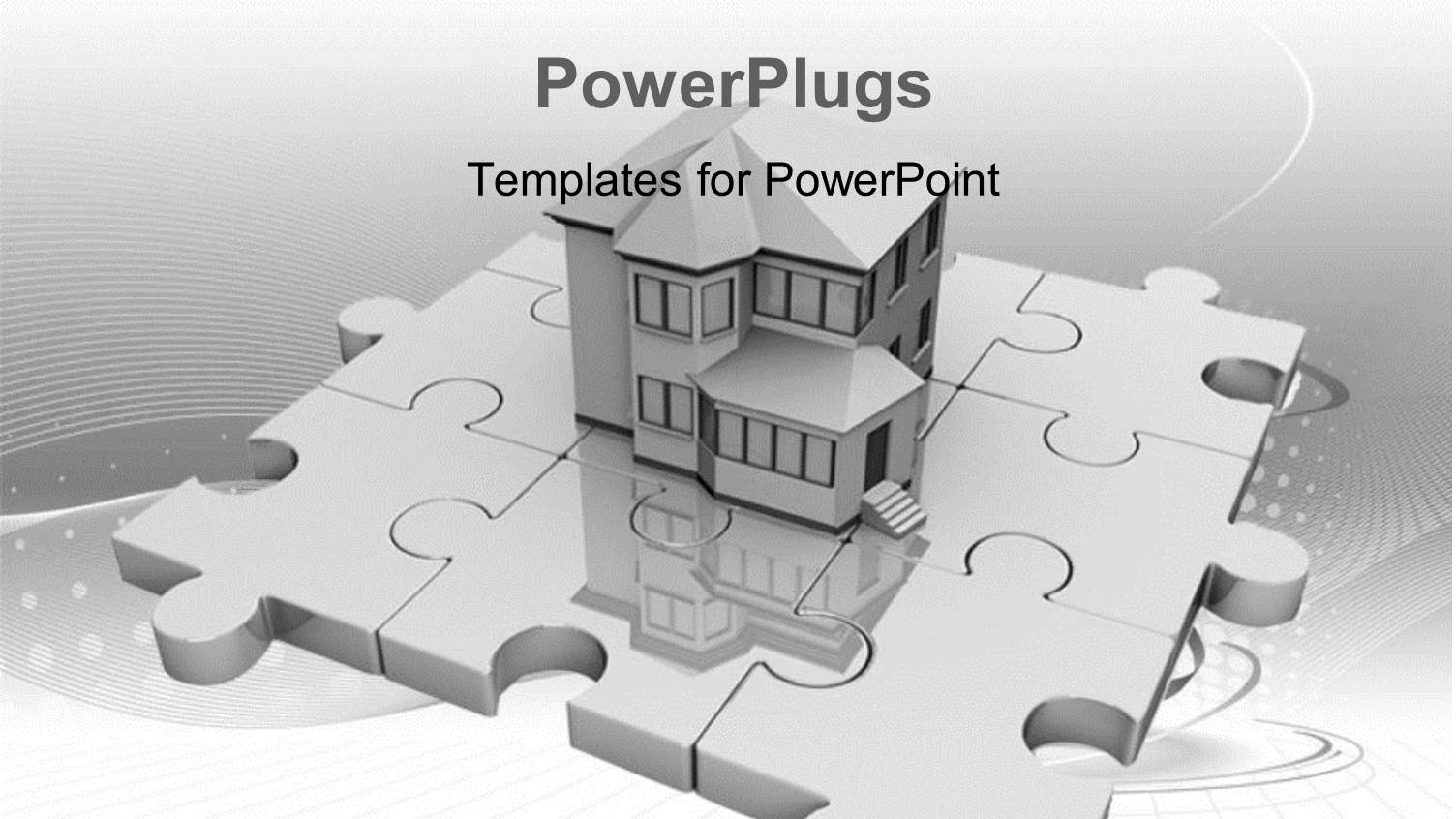 Real Estate House Standing on Jigsaw Puzzle with Abstract Grey Design