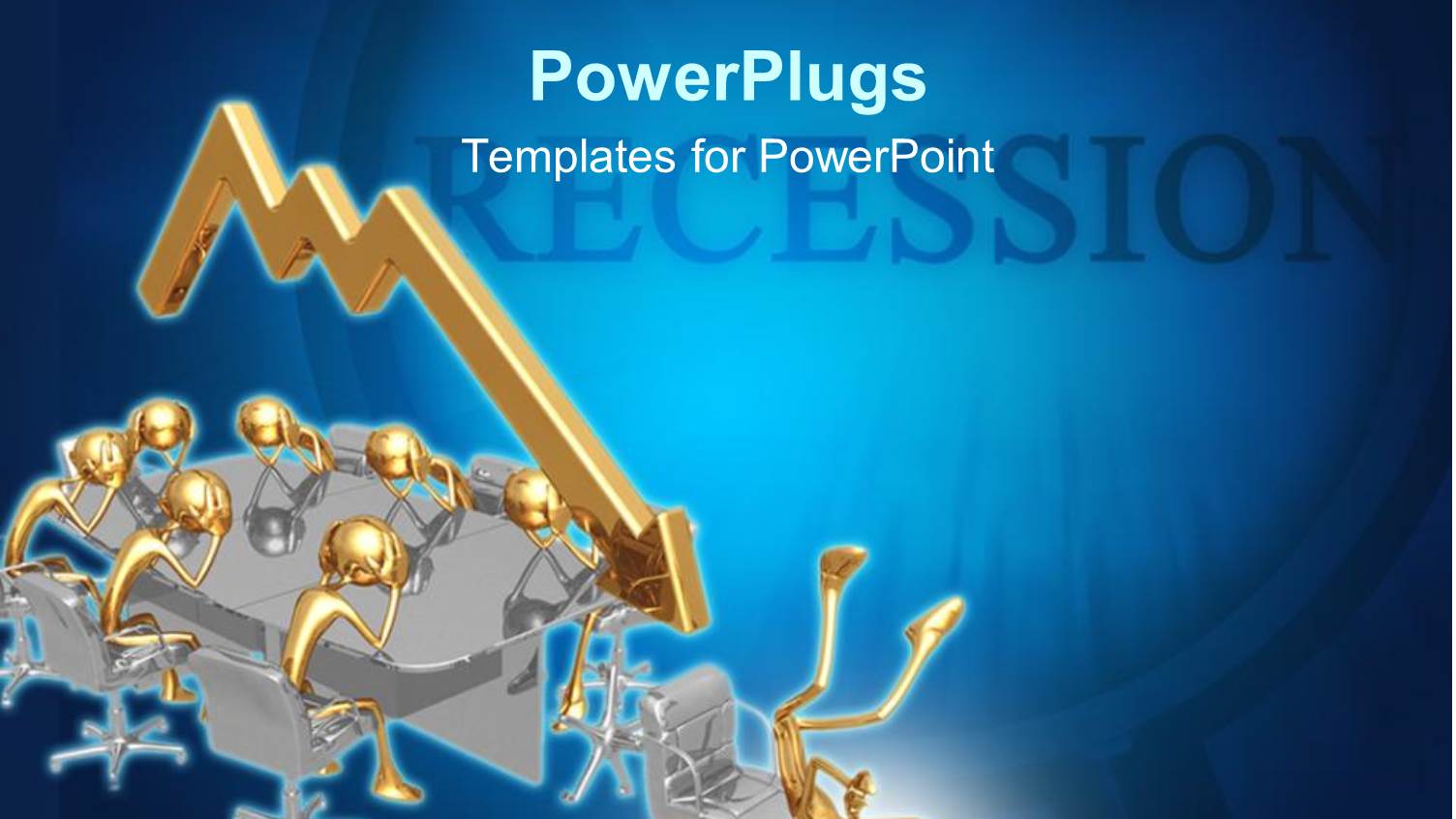 Recession Theme with Sad Gold People at Board Room Table, Gold Downward Trend Arrow