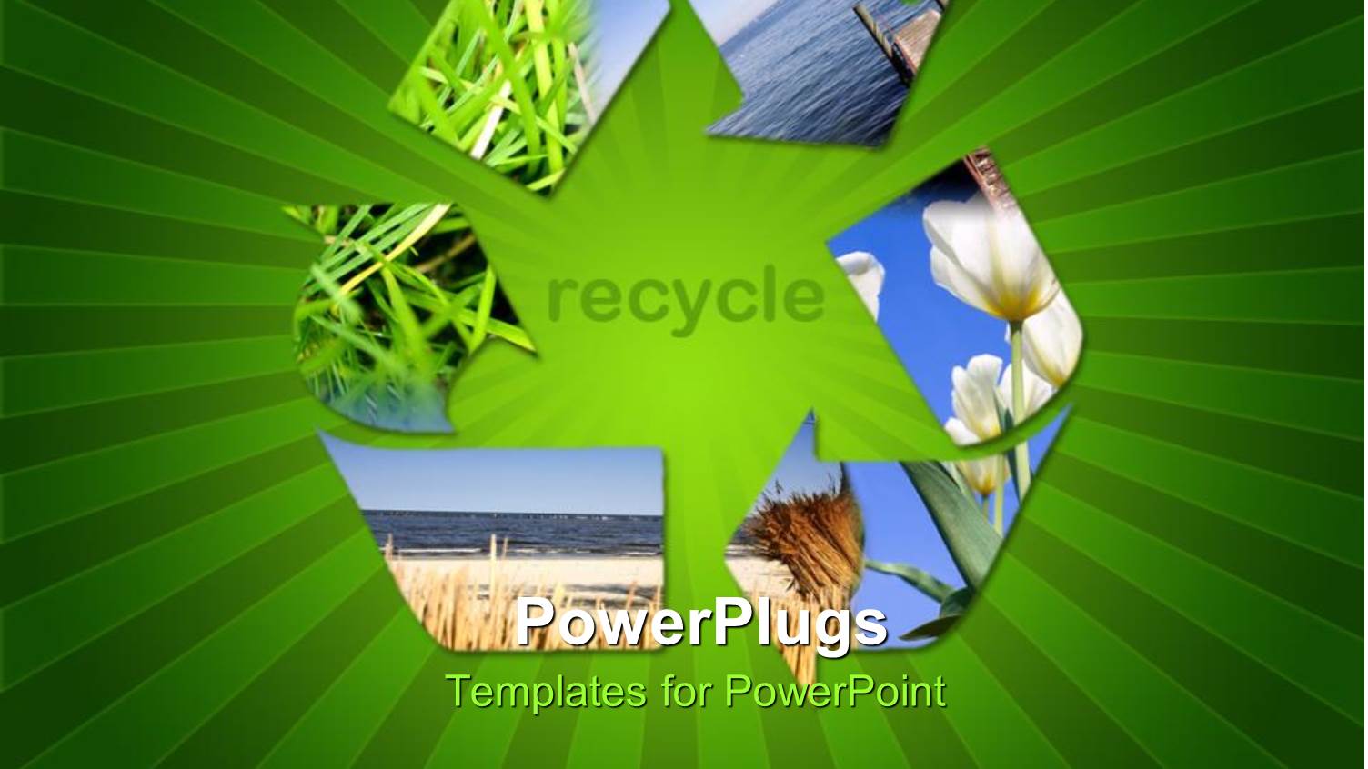 Recycle Symbol Showing Grass, Water, Sky, Flowers, Green Striped Background