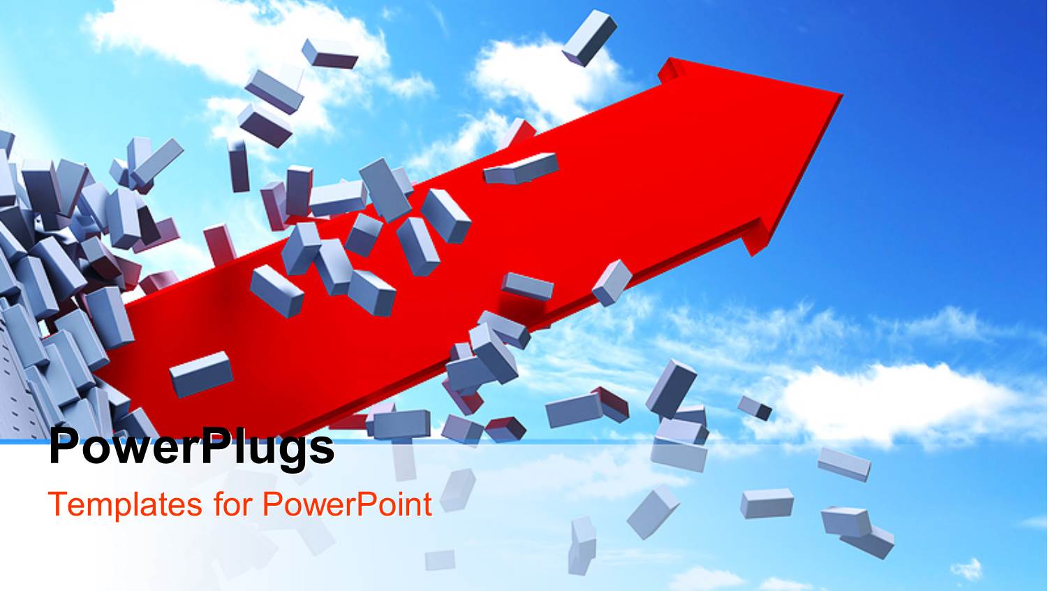 Red 3D Arrow Bursts Out of Brick Wall with Cloudy Sky 