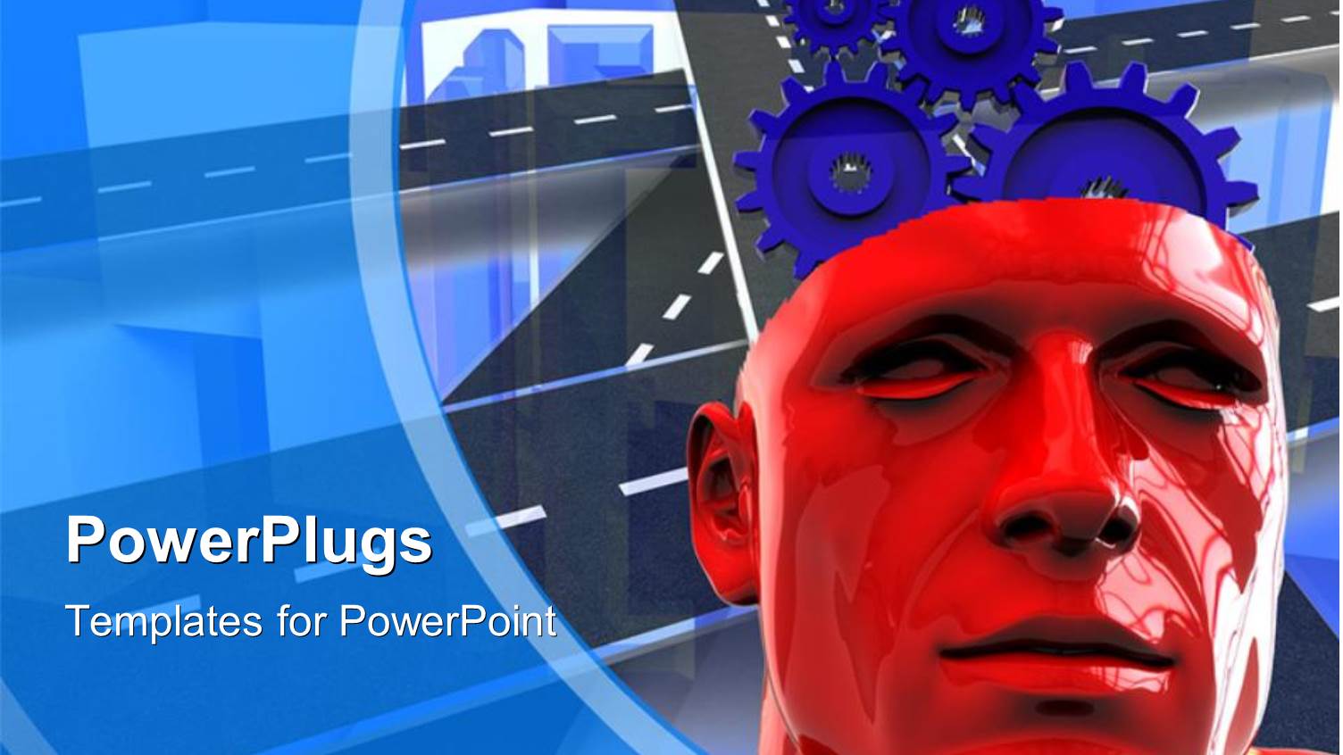 Red 3D Man with Connected Gears Over Highways in Background