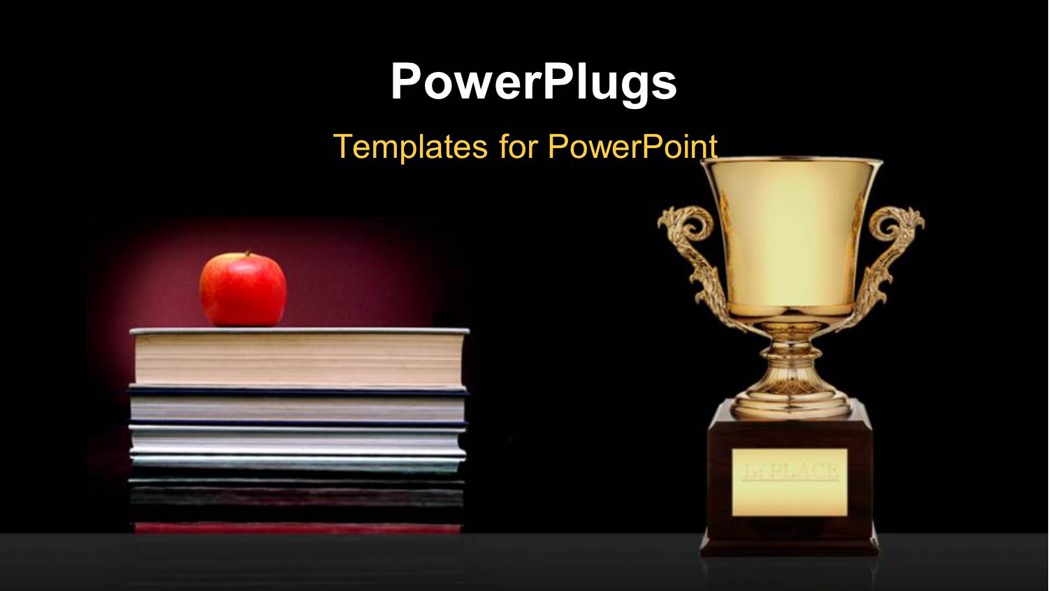 Red Apple on Book Pile with Golden Trophy on Black Background