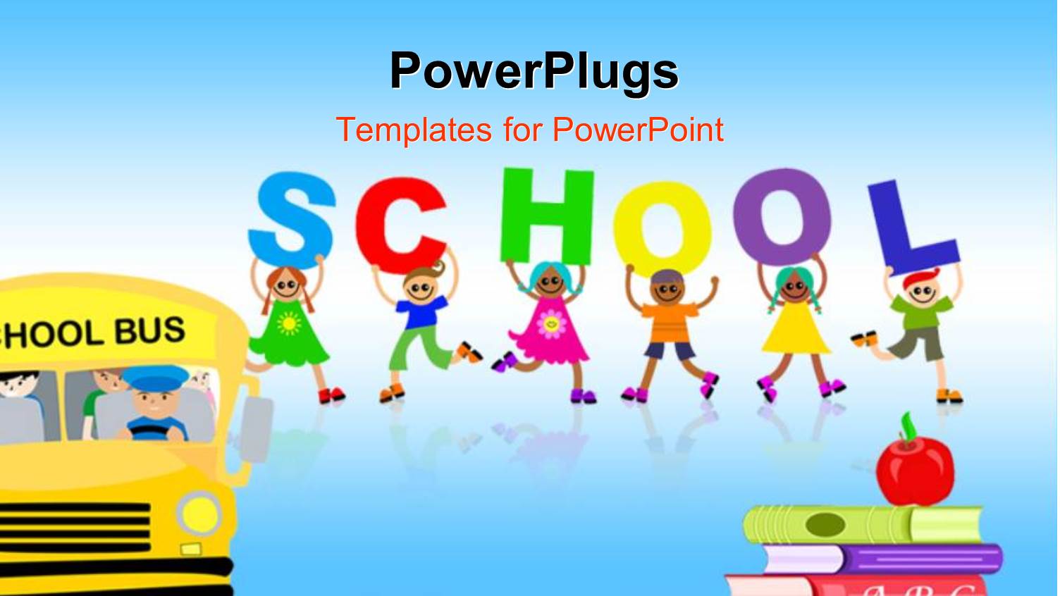 Red Apple on Pile of Books with School Bus and Happy Kids