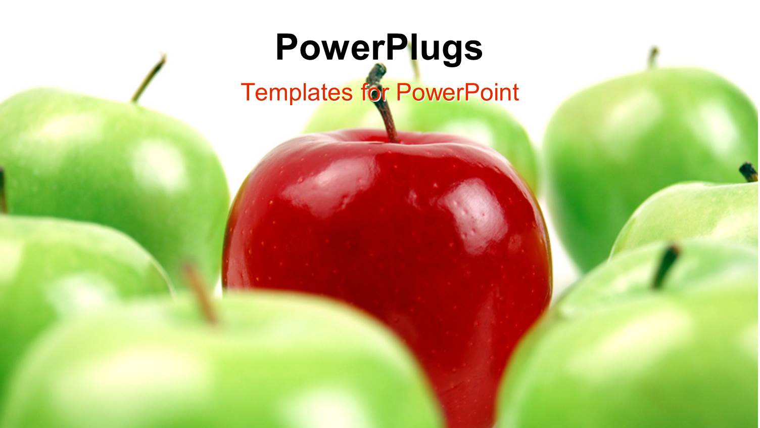 Red Apple Surrounded by Green Apples on White Background