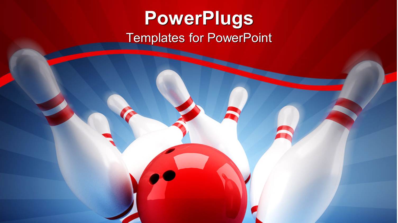 Red Bowling Ball Crashing into White Bowling Pins on Blue and Wine Background