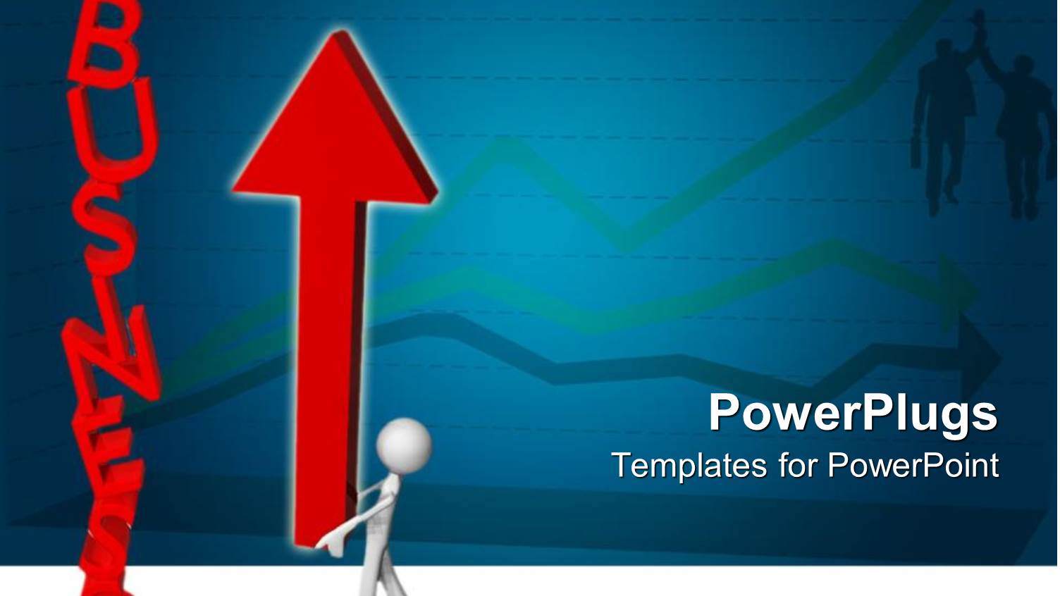 Red Business Word and White Figure Holding huge Red Arrow Pointing Upside, Two Business Man and Three Arrows