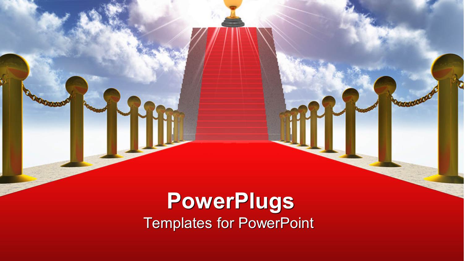 a Red Carpeted Path and a Glowing Trophy at the Top of Stairs with Blue Sky as a Metaphor