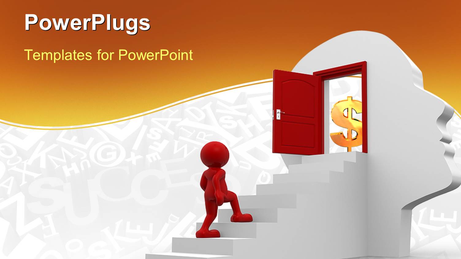 Red Character Climbing White Steps into Red Door on Human Head Figure