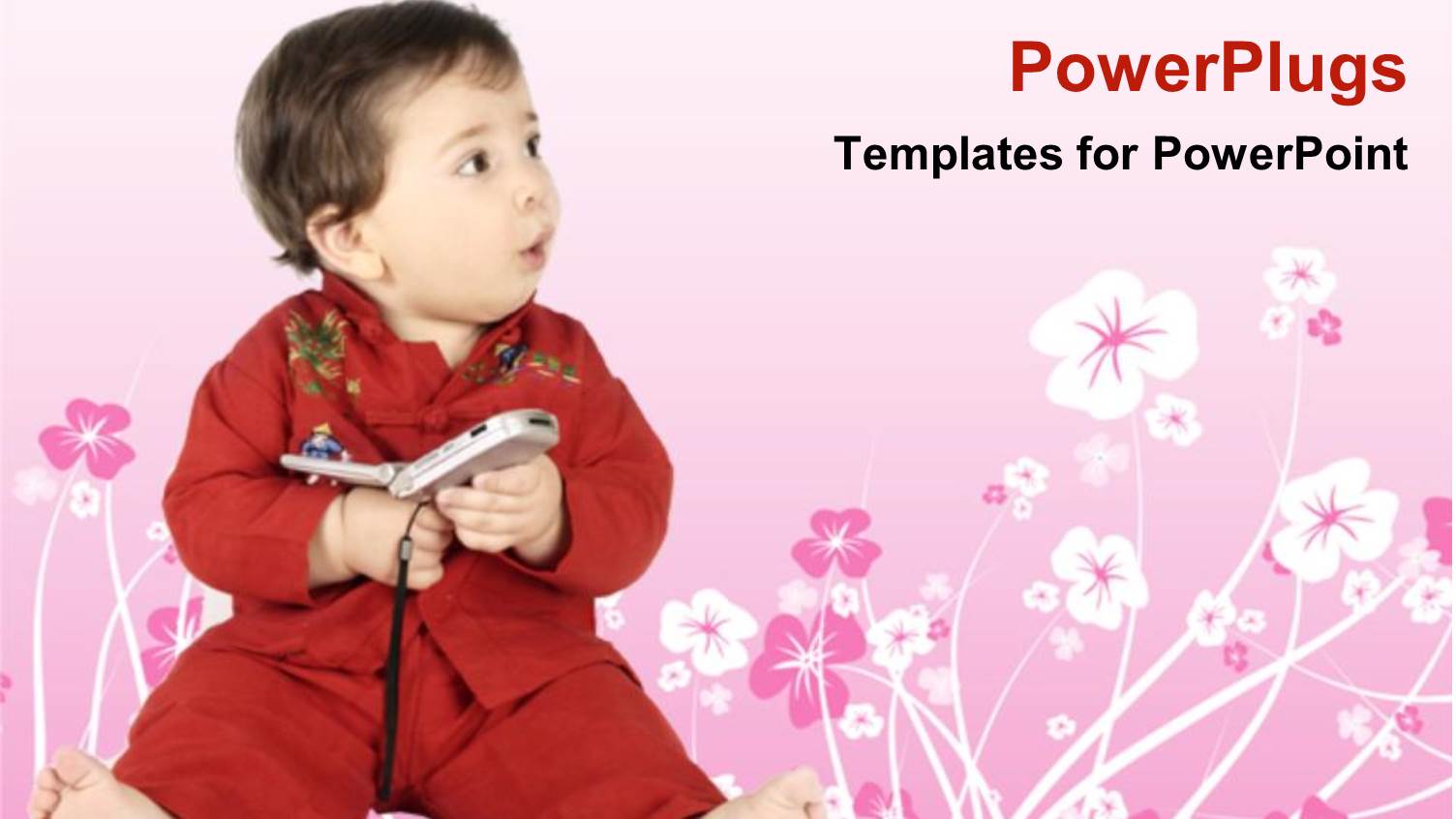 Red Clothing Baby with a Surprised Look on Face Playing with Mobile Phone on Floral Patterned Pink Background