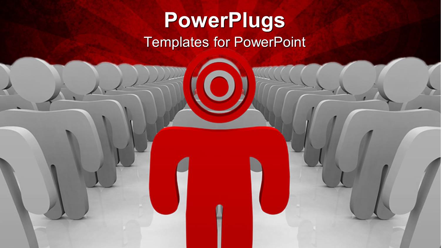 Red Colored 3D Man with Target Head Leads Team of Grey 3D Men