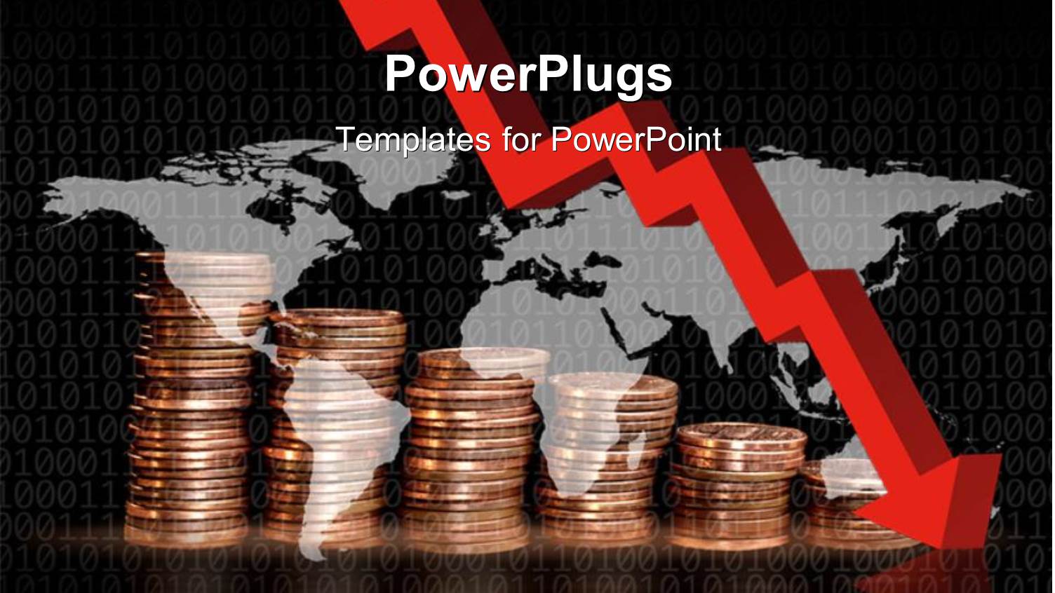 Red Descending Financial Arrow with Coin Stack Over World Map