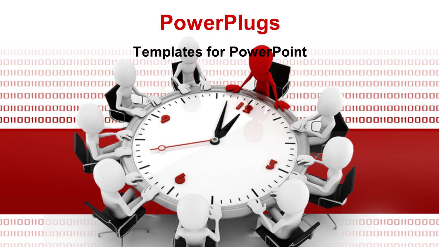 Red Figure Leading Meeting of White Figures Around Conference Table with large Clock Showing Nearly Noon