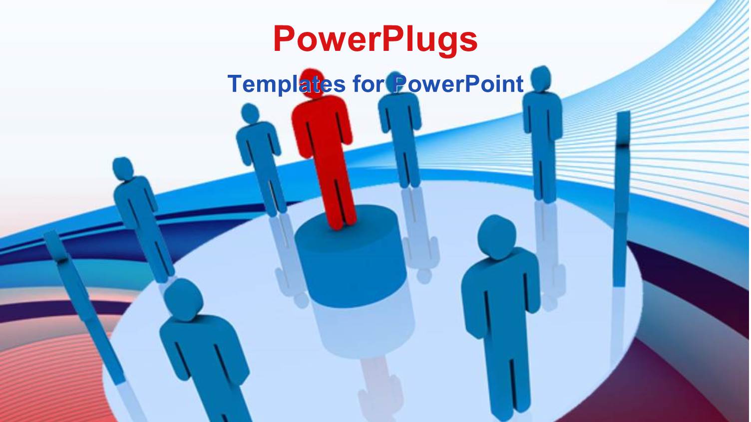 Red Figure on Pedestal Surrounded by Blue Figures Against Abstract Background