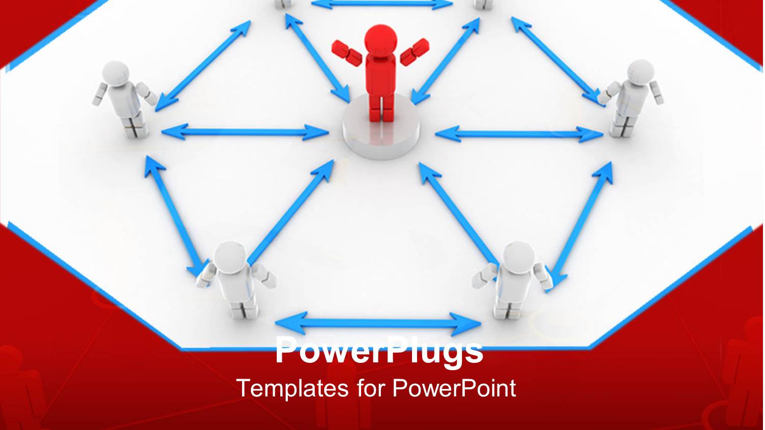 Red Figure Standing in the Center of a Diagram with White Figures Surrounding it and Blue Arrows Connecting the Figures