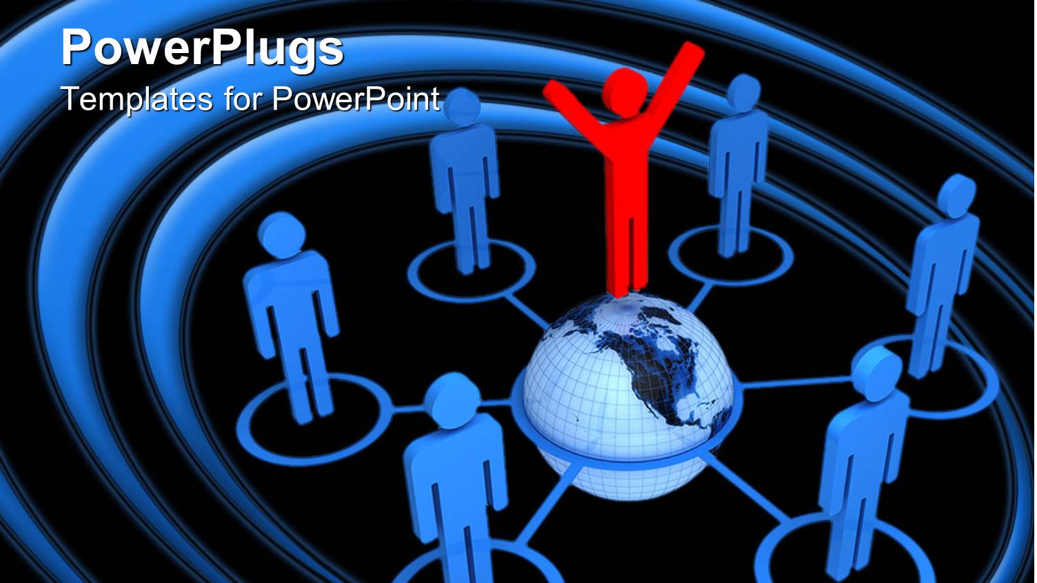 Red Figure in Victory Pose Standing Atop Globe Surrounded by Blue Figures