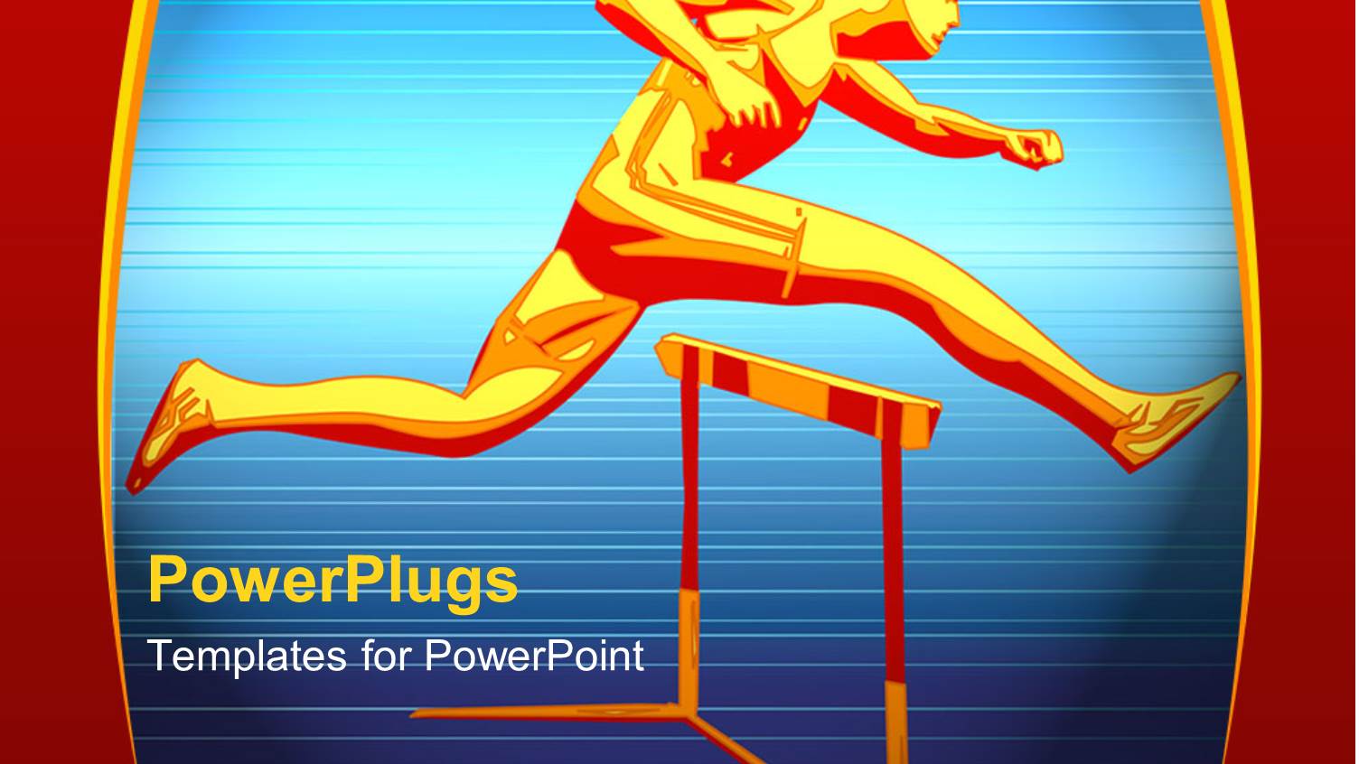 Red and Gold Runner Jumping Over Hurdle with Blue Background, Race, Endurance