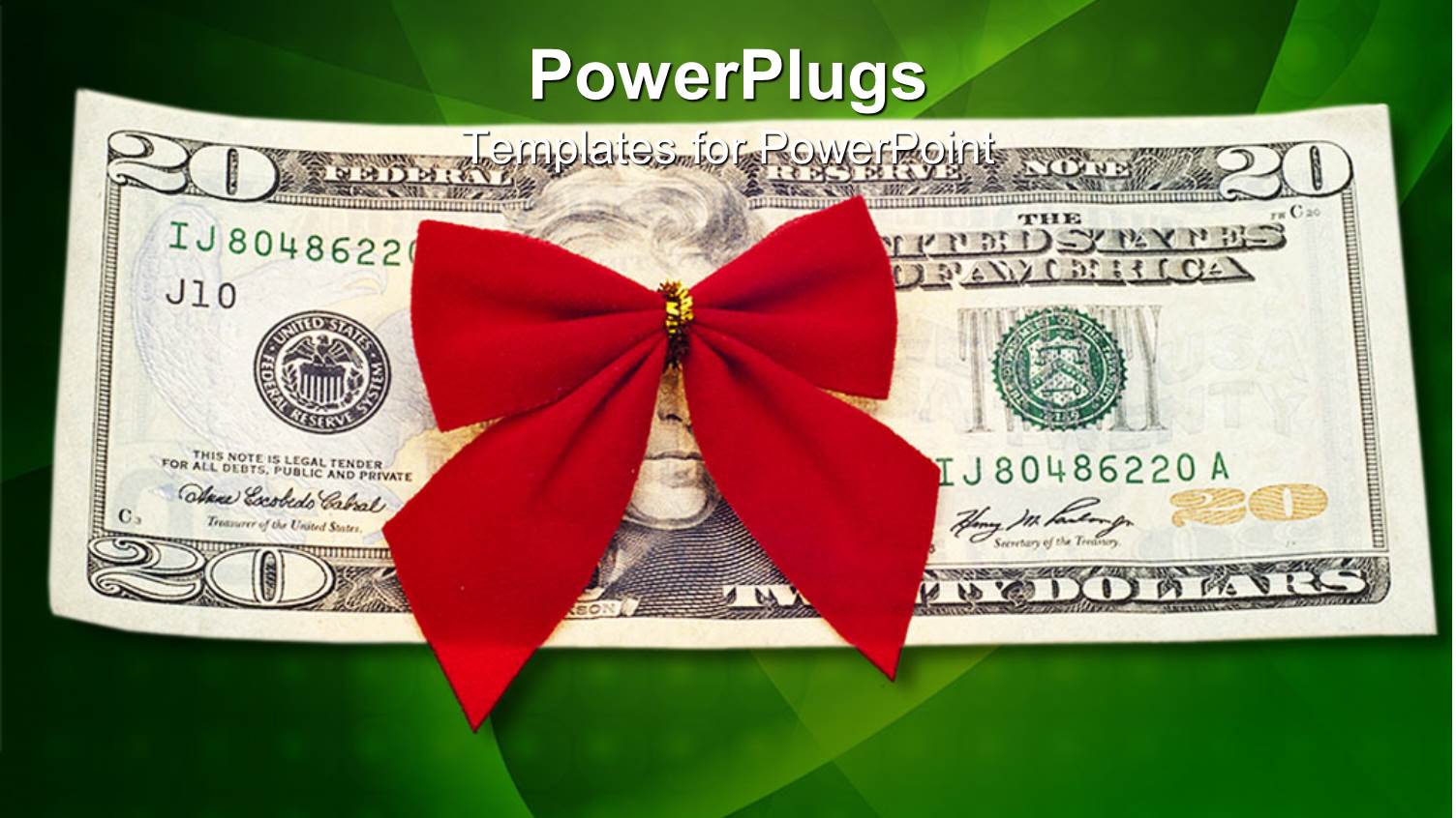 Red Holiday Bow on Twenty Dollar Bill Against Green Background