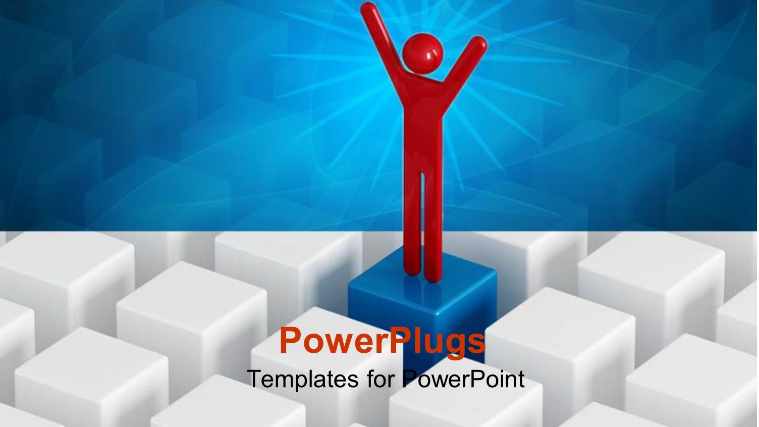 Red Human Figure Standing on a Blue Cube Amidst White Cubes