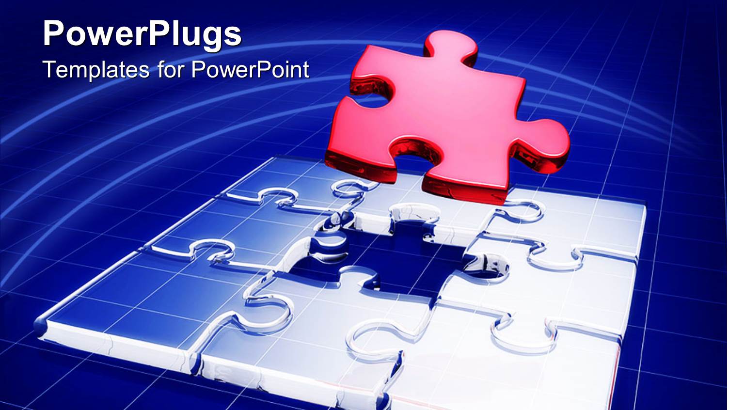 Red Puzzle Piece Fitting into Silver Puzzle, 3D Blue Graph Background