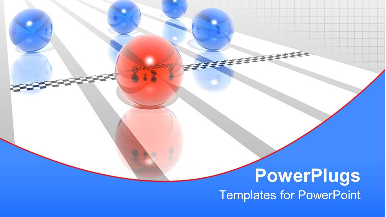 Red Sphere Crosses Finish Line on Running Track Before Four Blue Spheres