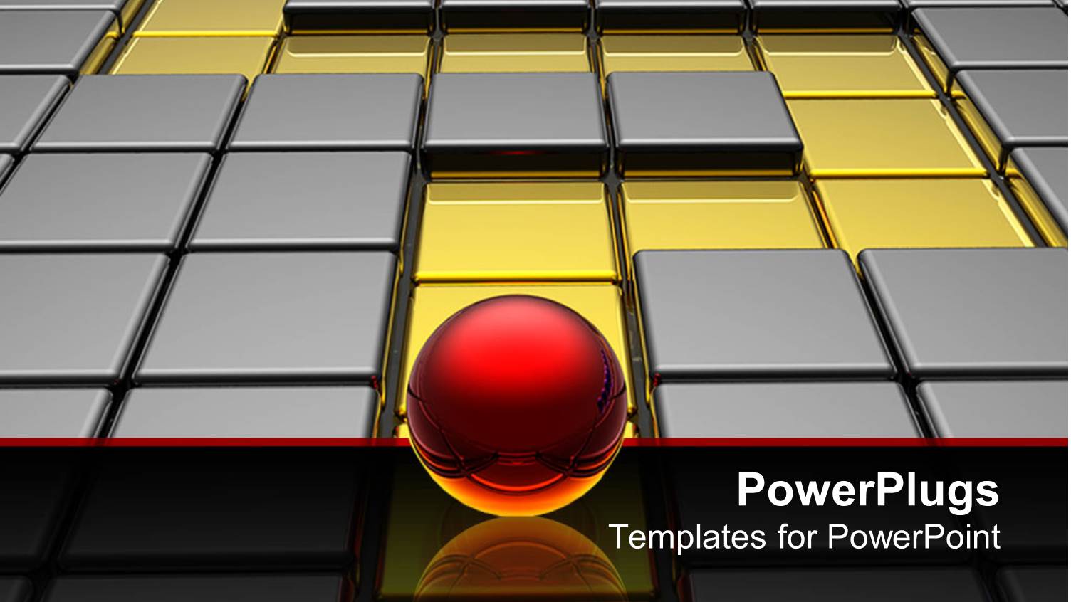 Red Sphere on Glowing Reflective Surface Waiting in Front of a Metallic Silver and Golden Labyrinth