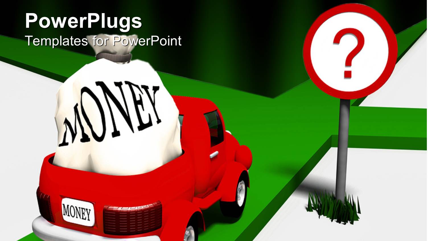 Red SUV Carrying White Money Bag at Crossroad with Question Mark Signpost