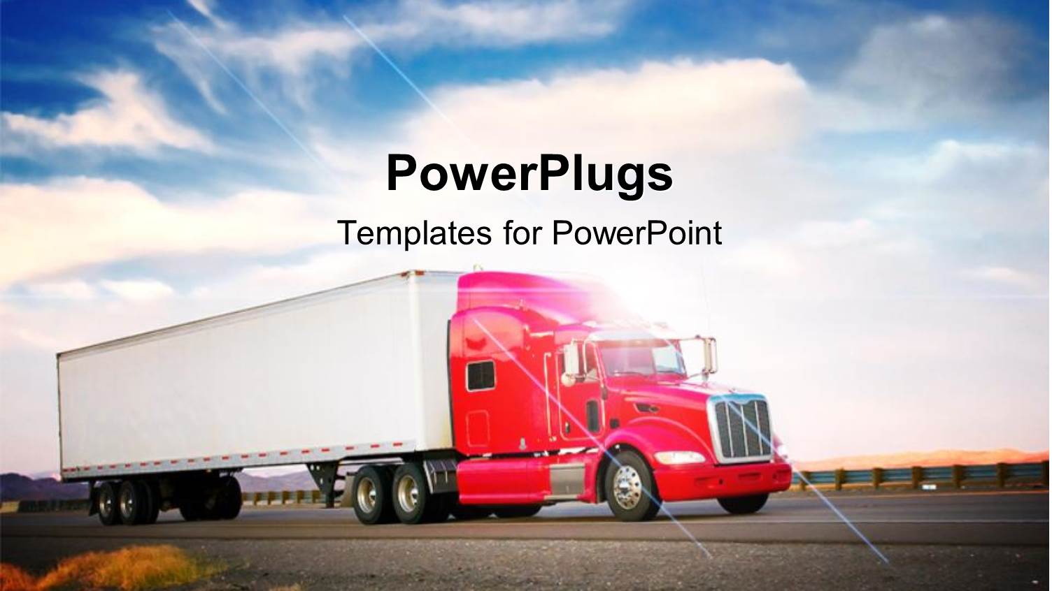 Red Truck on Highway with Blue Cloudy Sky