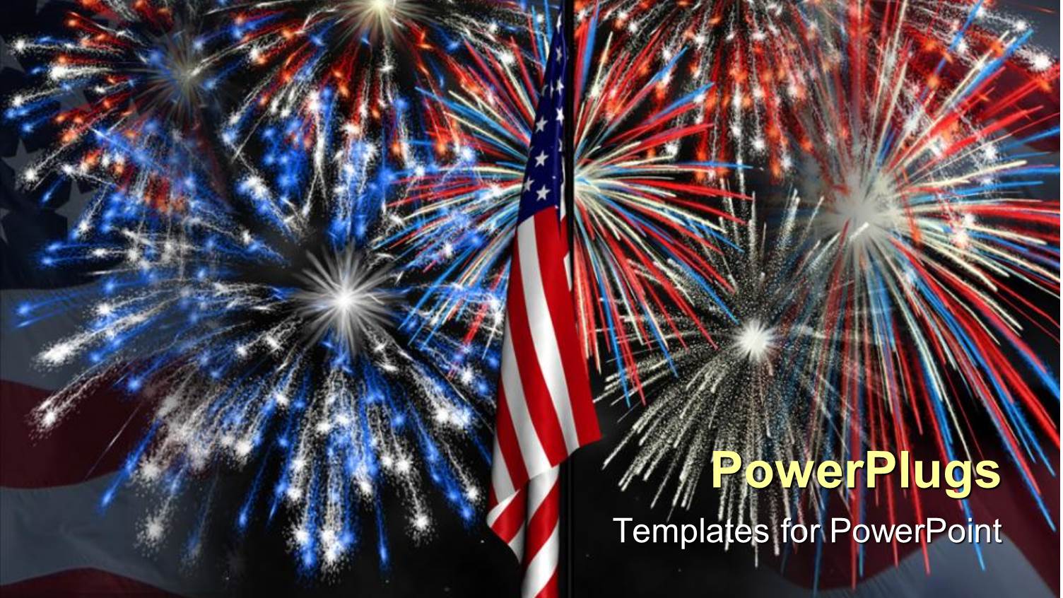 Red, White, and Blue Fireworks Behind American Flag