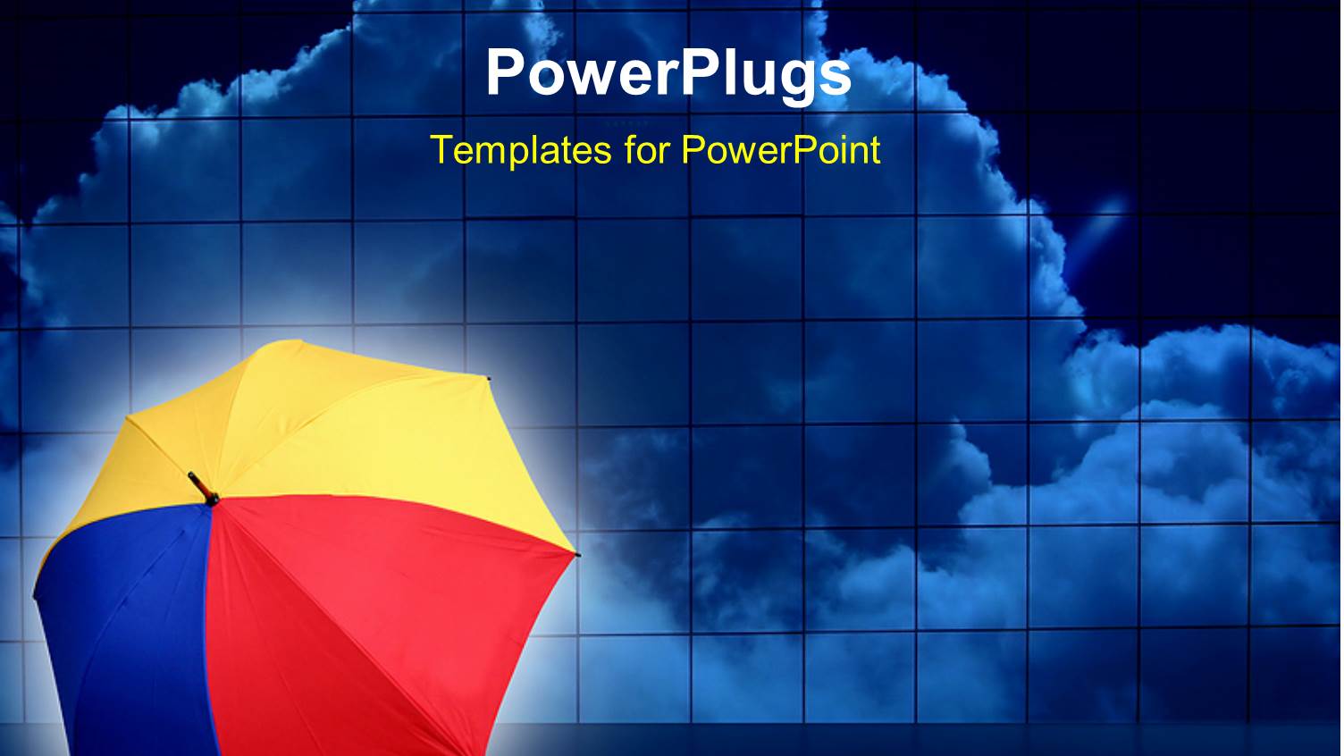 Red, Yellow, Blue Open Umbrella Resting on Floor with Clouds in Background