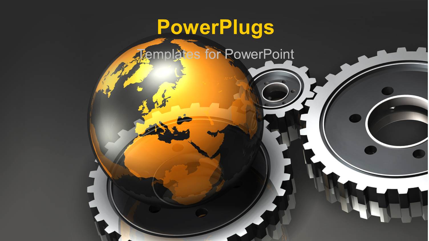 Reflecting Earth Globe Sitting on Three Connected Gears on Grey Background