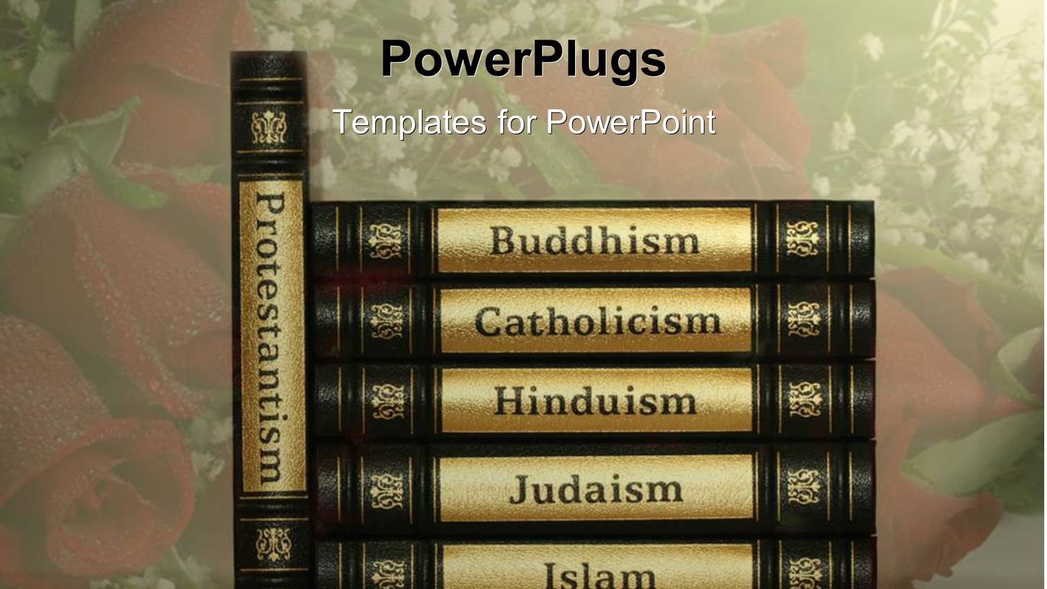 Religion Books with Black and Golden Covers, Protestantism, Buddhism, Catholicism, Hinduism, Judaism and Islam