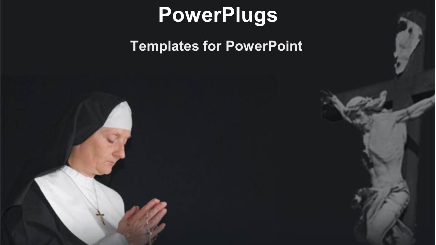 Religious Depiction with Nun Praying and Jesus on Cross Over Grey Background