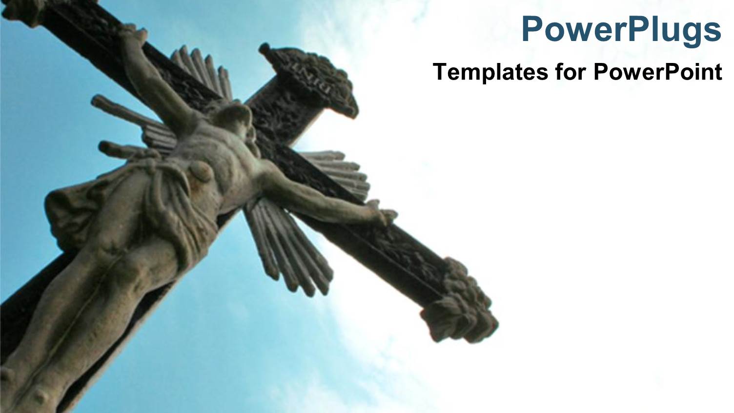 Religious Depiction with Statue of Jesus Christ Crucifixion Over Blue Sky