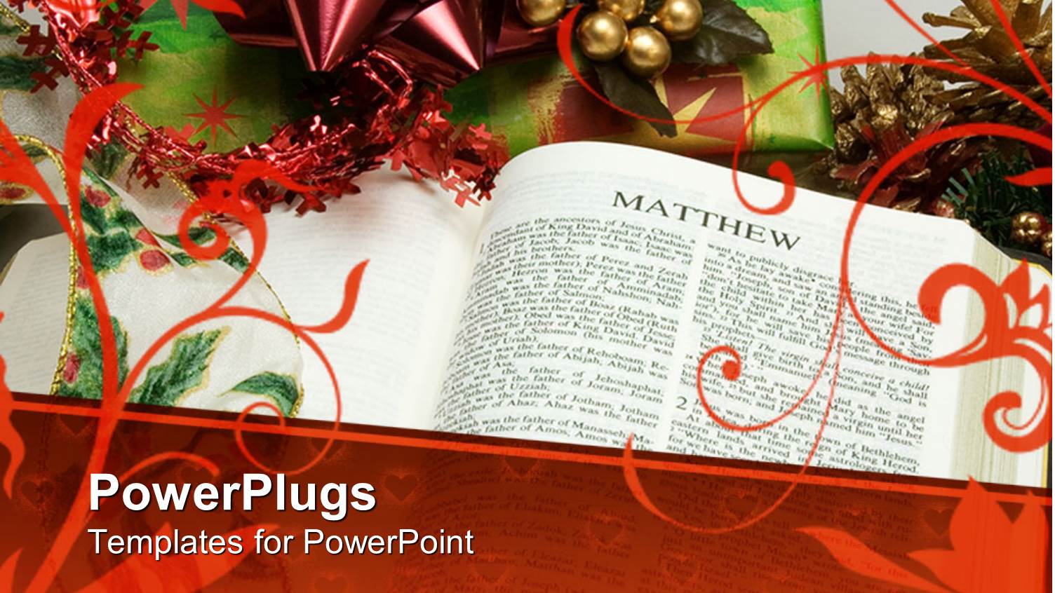 Religious Theme for Christmas with Bible Opened on Matthew and Christmas Present with Abstract Design Over the Depiction