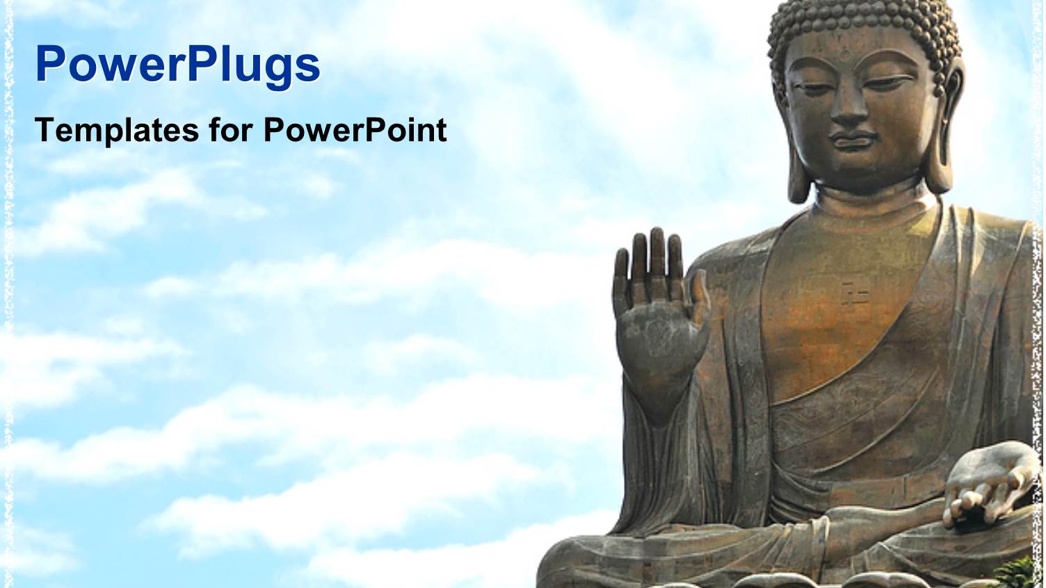 Religious Theme Depicting Statue of Buddha Over Bright Blue Sky Background