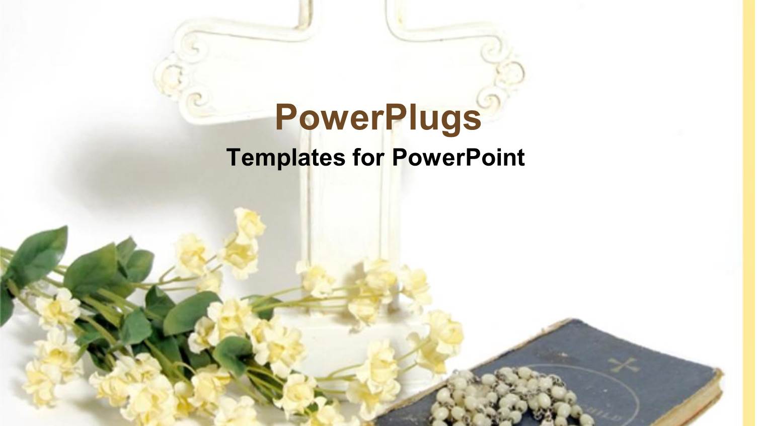 Religious Theme with Holy Bible and Rosary on Top of it, with White Flowers and Cross on White Background