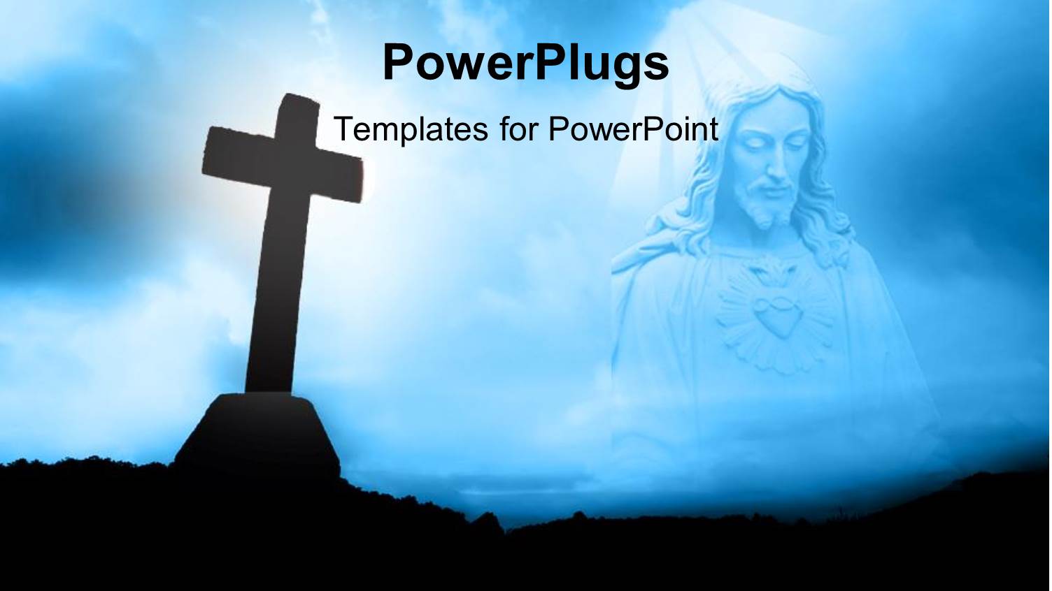 Religious Theme with Silhouette of Cross Near Water and Jesus Christ on Blue Sky