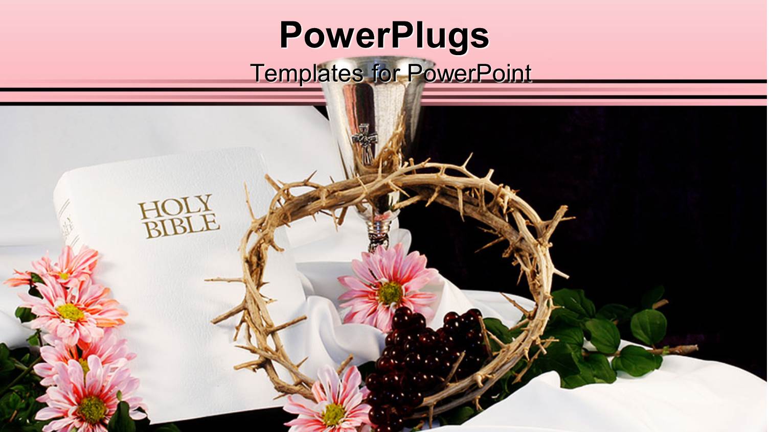Religious Theme with White Cover Holy Bible, Silver Cup, Crown of Thorns and Pink Flowers