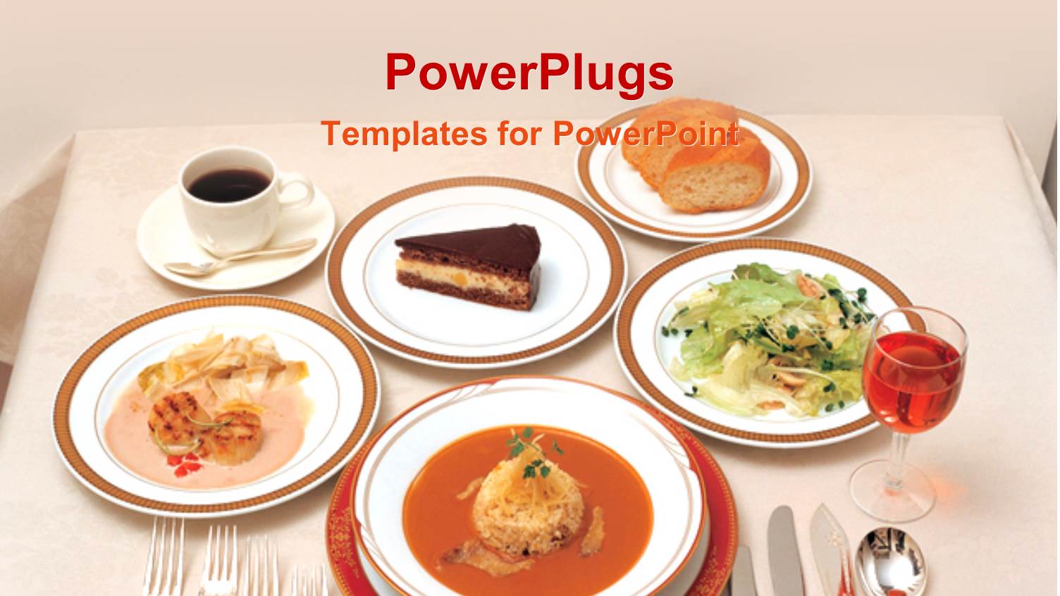 Restaurant Table with Various Dishes Including Soup, Salad, Bread, Cake, Coffee and Wine