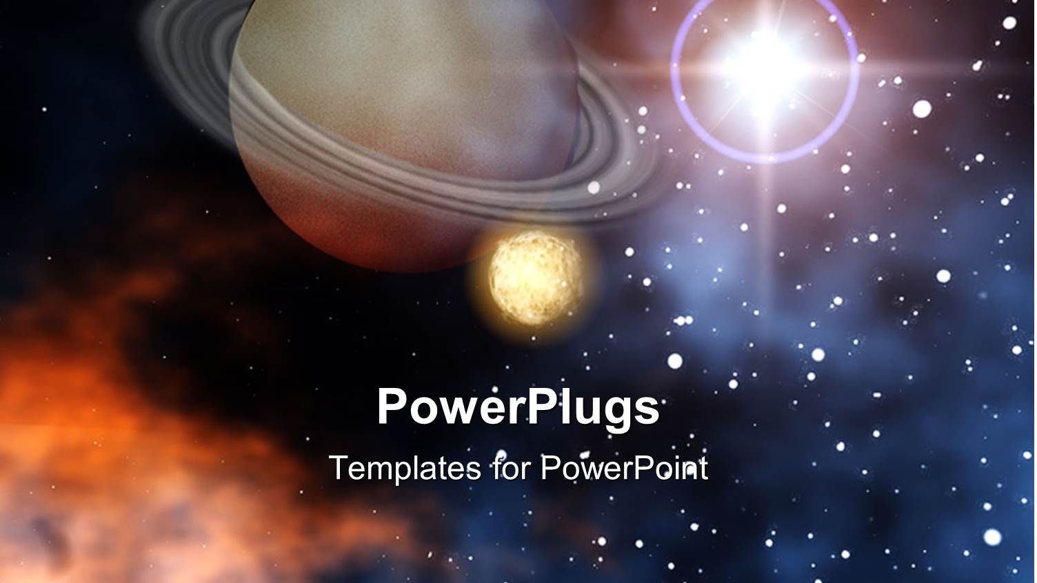 Ringed Planet Saturn with Moon Stars and Sun Outer Space Scene