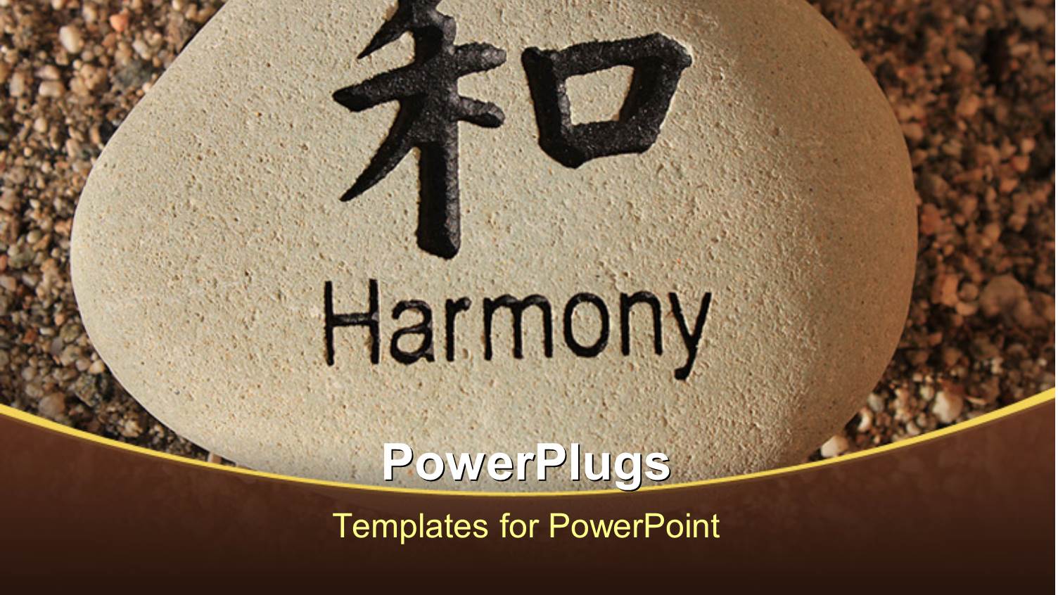 a Rock with the Word Harmony and Sand in the Background